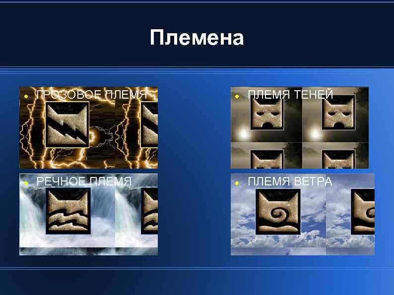 Племена ГРОЗОВОЕ ПЛЕМЯ ТЕНЕЙ РЕЧНОЕ ПЛЕМЯ ВЕТРА 