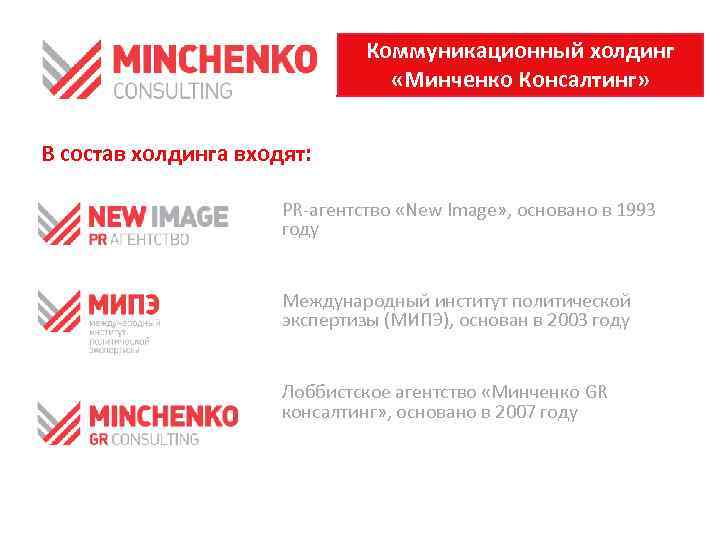 Коммуникационный холдинг «Минченко Консалтинг» В состав холдинга входят: PR-агентство «New Image» , основано в