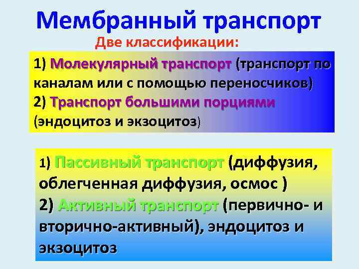 Мембранный транспорт Две классификации: 1) Молекулярный транспорт (транспорт по каналам или с помощью переносчиков)