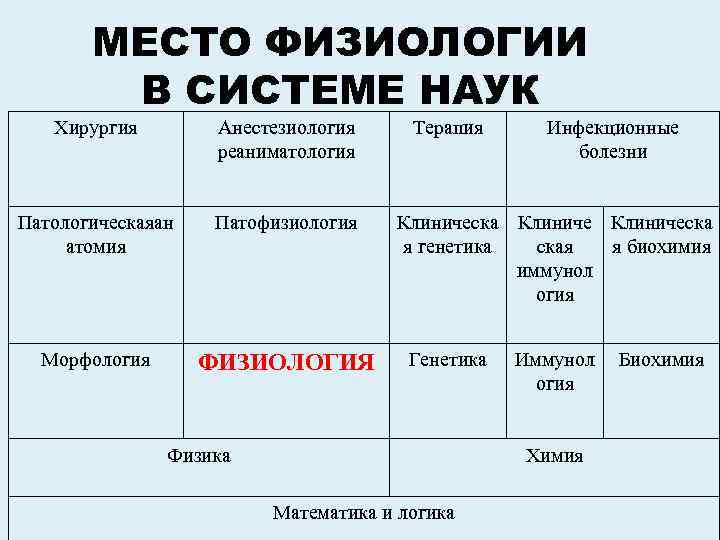 МЕСТО ФИЗИОЛОГИИ В СИСТЕМЕ НАУК Хирургия Анестезиология реаниматология Патологическаяан атомия Патофизиология Морфология ФИЗИОЛОГИЯ Терапия