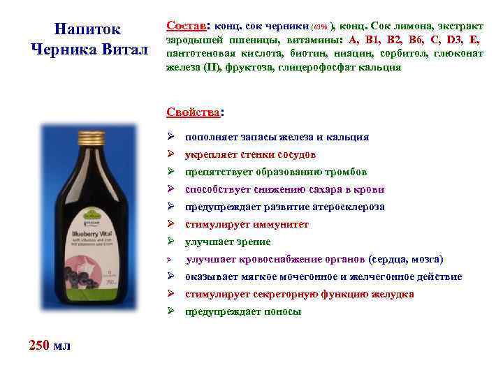 Напиток Черника Витал Состав: конц. сок черники (63% ), конц. Сок лимона, экстракт зародышей