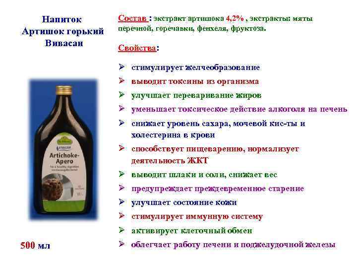Напиток Артишок горький Вивасан Состав : экстракт артишока 4, 2% , экстракты: мяты перечной,