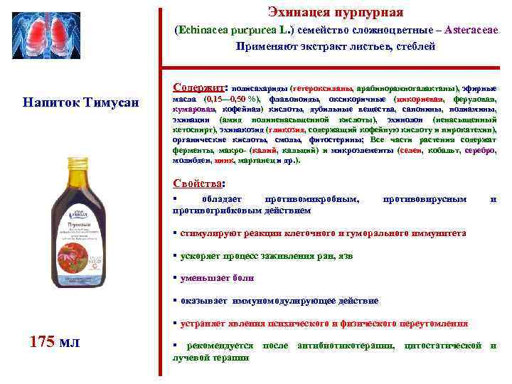 Эхинацея пурпурная (Echinacea purpurea L. ) семейство сложноцветные – Asteraceae Применяют экстракт листьев, стеблей