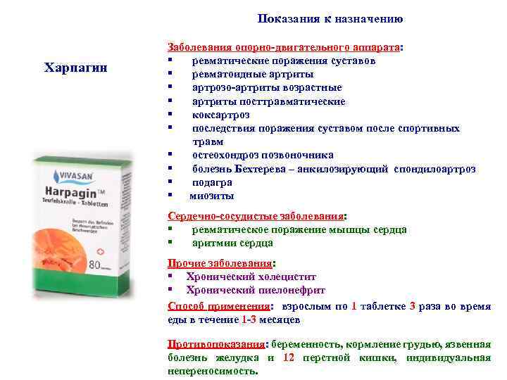 Показания к назначению Харпагин Заболевания опорно-двигательного аппарата: § ревматические поражения суставов § ревматоидные артриты