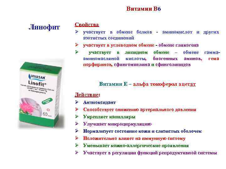 Витамин В 6 Линофит Свойства Ø участвует в обмене белков - аминокислот и других