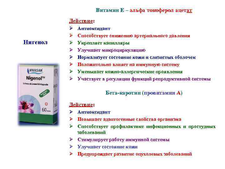 Витамин Е – альфа токоферол ацетат Действие: Нигенол Ø Ø Ø Ø Антиоксидант Способствует