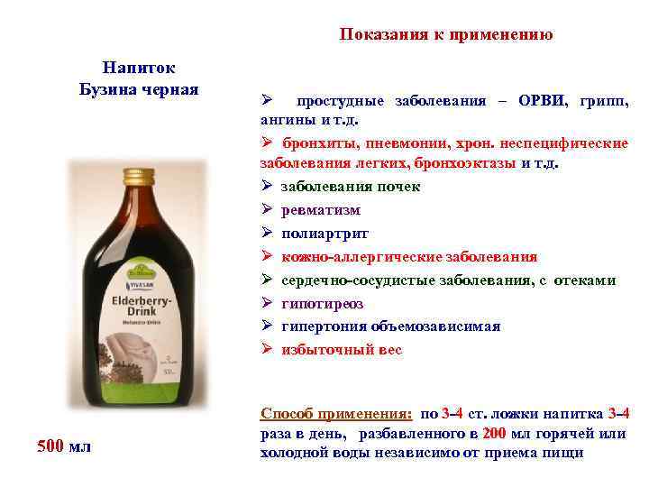 Показания к применению Напиток Бузина черная 500 мл Ø простудные заболевания – ОРВИ, грипп,