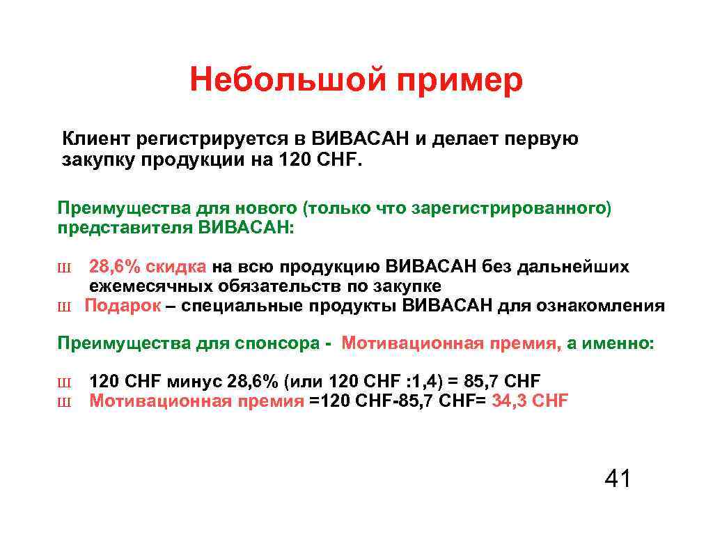 Небольшой пример Клиент регистрируется в ВИВАСАН и делает первую закупку продукции на 120 CHF.