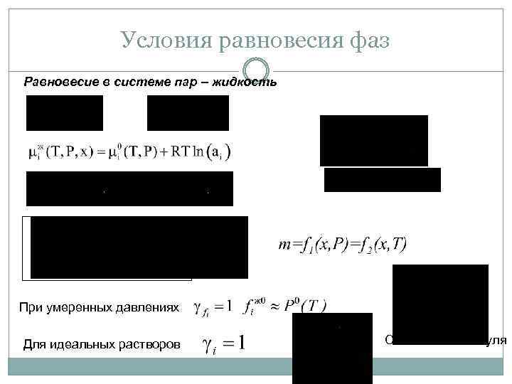 Условия равновесия фаз Равновесие в системе пар – жидкость При умеренных давлениях Для идеальных