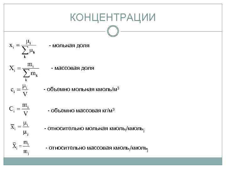 КОНЦЕНТРАЦИИ - мольная доля - массовая доля - объемно мольная кмоль/м 3 - объемно