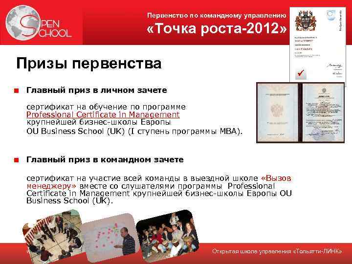 Первенство по командному управлению «Точка роста-2012» Призы первенства Главный приз в личном зачете сертификат