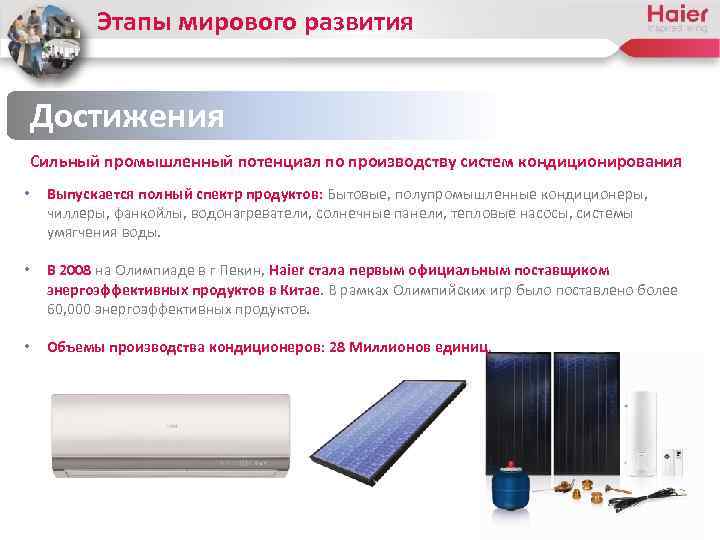 Этапы мирового развития Достижения Сильный промышленный потенциал по производству систем кондиционирования • Выпускается полный