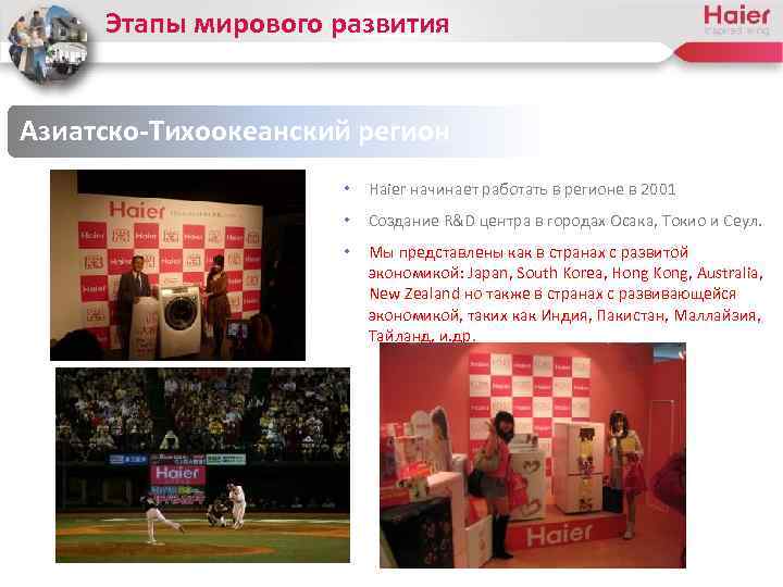 Этапы мирового развития Азиатско-Тихоокеанский регион • Haier начинает работать в регионе в 2001 •