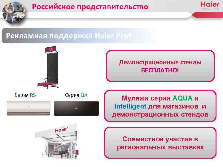 Российское представительство Рекламная поддержка Haier Prof 2013 Демонстрационные стенды БЕСПЛАТНО! Серия RS Серия QA