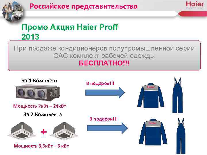 Российское представительство Промо Акция Haier Proff 2013 При продаже кондиционеров полупромышленной серии CAC комплект