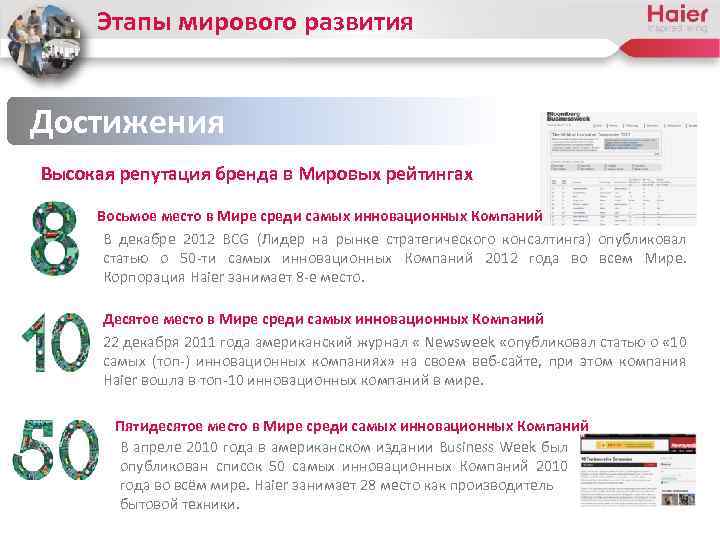 Этапы мирового развития Достижения Высокая репутация бренда в Мировых рейтингах Восьмое место в Мире