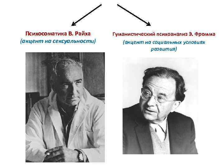 . Психосоматика В. Райха (акцент на сексуальности) Гуманистический психоанализ Э. Фромма (акцент на социальных