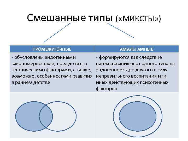 Смешанные типы ( «МИКСТЫ» ) ПРОМЕЖУТОЧНЫЕ АМАЛЬГАМНЫЕ - обусловлены эндогенными закономерностями, прежде всего генетическими