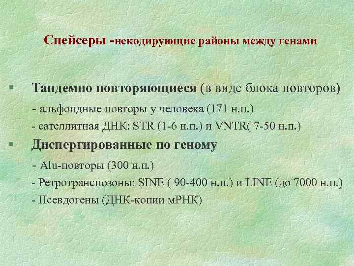 Спейсеры -некодирующие районы между генами § Тандемно повторяющиеся (в виде блока повторов) - альфоидные