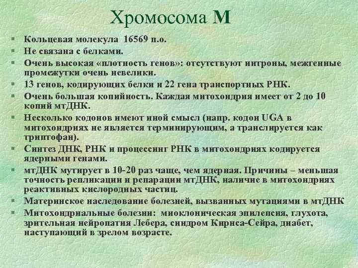 Хромосома М § Кольцевая молекула 16569 п. о. § Не связана с белками. §