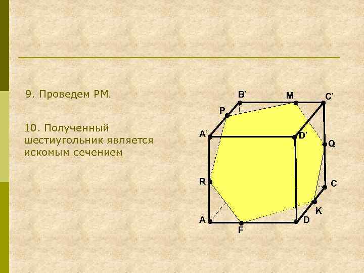 9. Проведем PM. B’ M C’ P 10. Полученный шестиугольник является искомым сечением A’