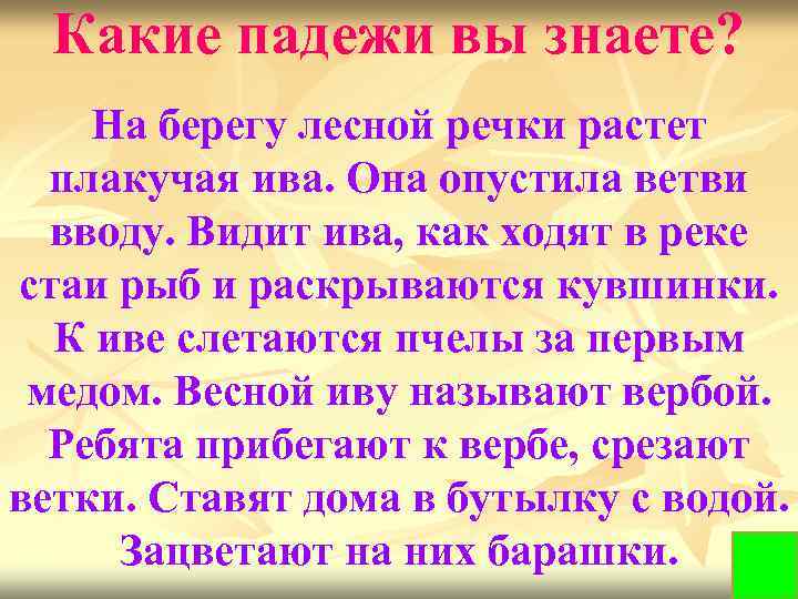 Какие падежи вы знаете? На берегу лесной речки растет плакучая ива. Она опустила ветви