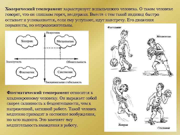 Холерический темперамент характеризует вспыльчивого человека. О таком человеке говорят, что он слишком горяч, несдержан.