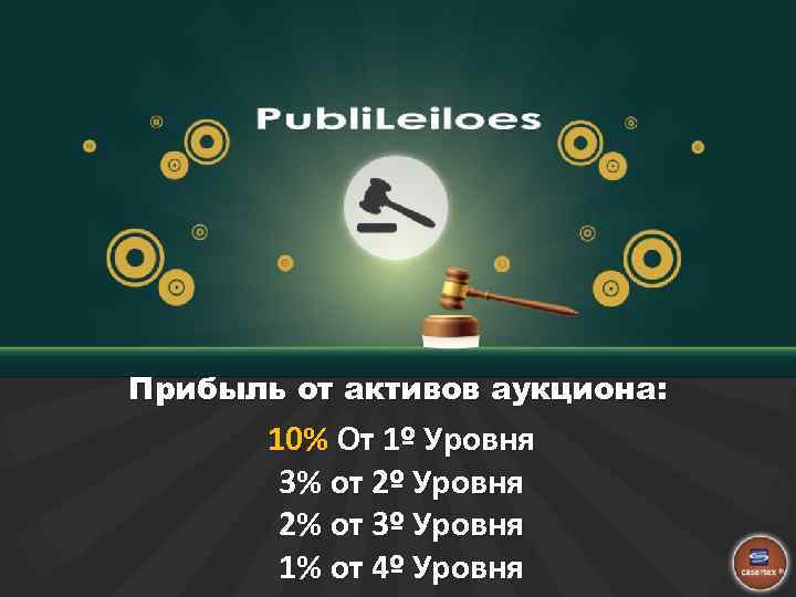 Прибыль от активов аукциона: 10% От 1º Уровня 3% от 2º Уровня 2% от