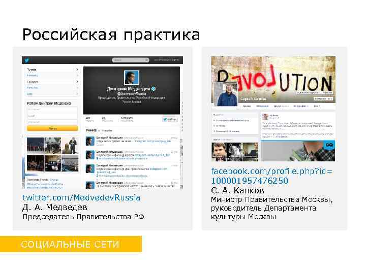 Российская практика twitter. com/Medvedev. Russia Д. А. Медведев Председатель Правительства РФ СОЦИАЛЬНЫЕ СЕТИ facebook.