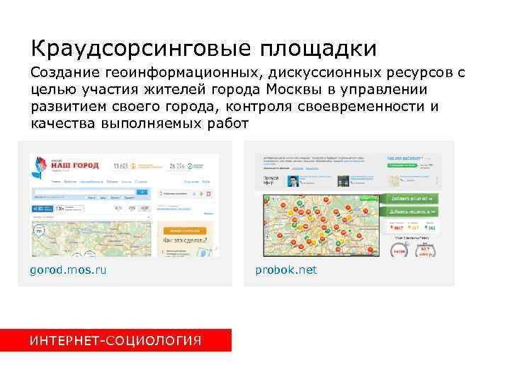 Краудсорсинговые площадки Создание геоинформационных, дискуссионных ресурсов с целью участия жителей города Москвы в управлении