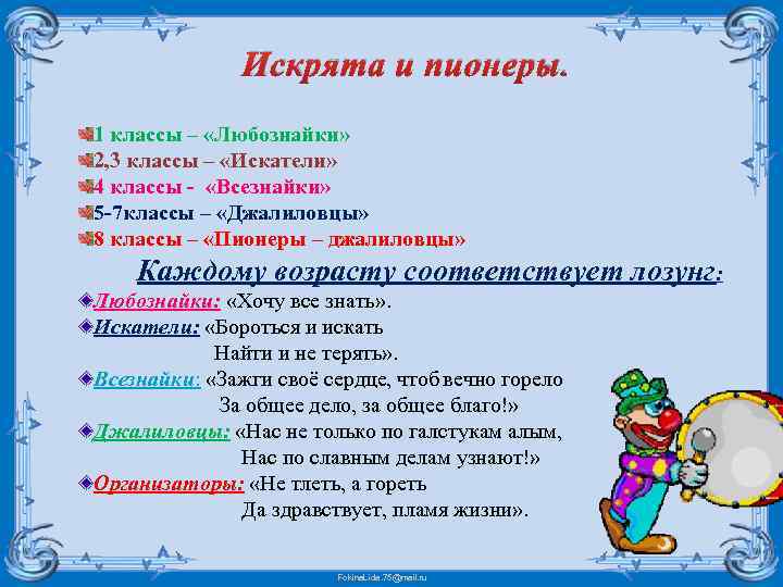 Искрята и пионеры. 1 классы – «Любознайки» 2, 3 классы – «Искатели» 4 классы