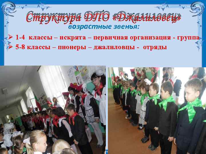 Структура ДПО «Джалиловец» возрастные звенья: Ø 1 -4 классы – искрята – первичная организация