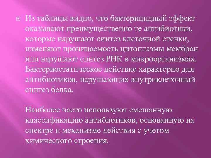  Из таблицы видно, что бактерицидный эффект оказывают преимущественно те антибиотики, которые нарушают синтез