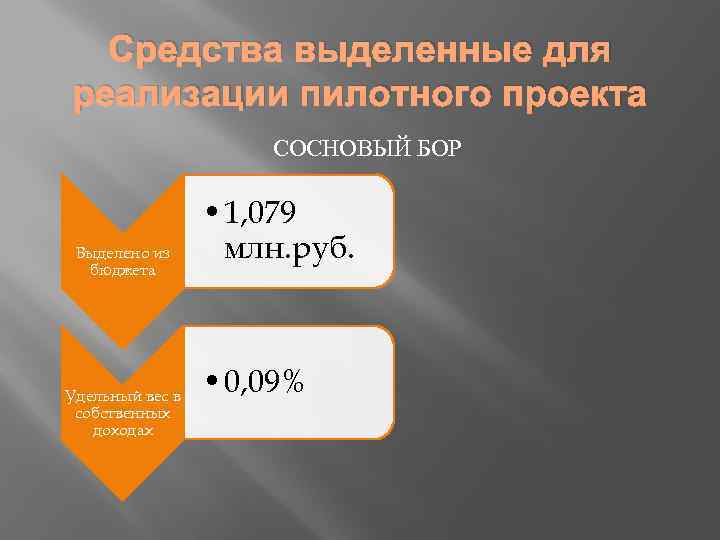 Средства выделенные для реализации пилотного проекта СОСНОВЫЙ БОР Выделено из бюджета Удельный вес в