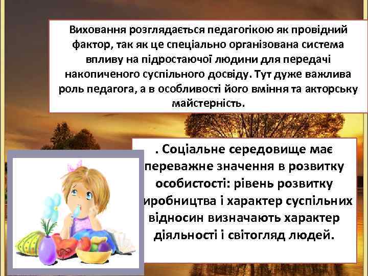 Виховання розглядається педагогікою як провідний фактор, так як це спеціально організована система впливу на