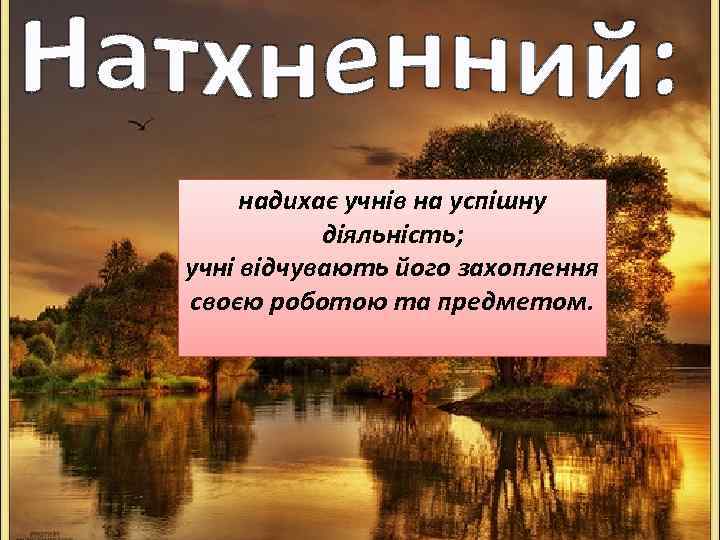 надихає учнів на успішну діяльність; учні відчувають його захоплення своєю роботою та предметом. 