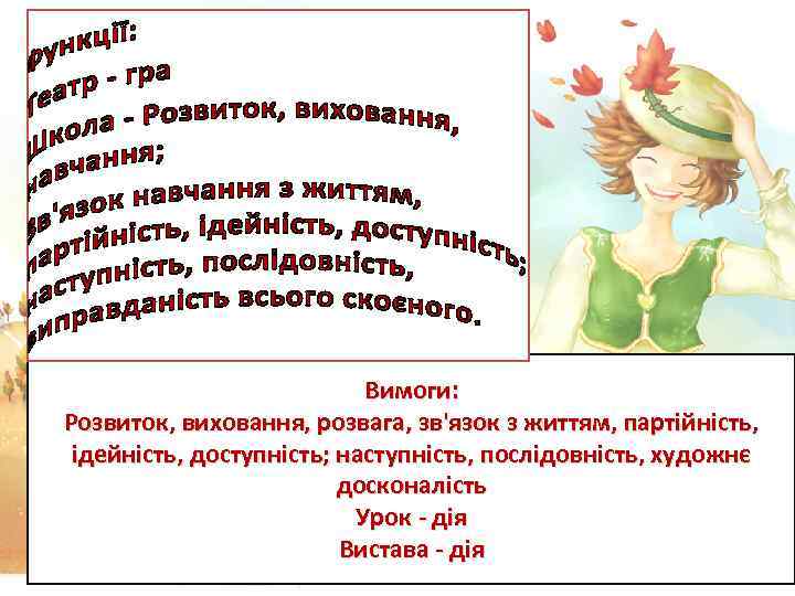 Вимоги: Розвиток, виховання, розвага, зв'язок з життям, партійність, ідейність, доступність; наступність, послідовність, художнє досконалість