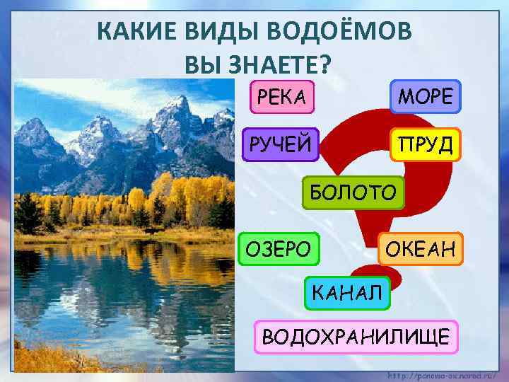 КАКИЕ ВИДЫ ВОДОЁМОВ ВЫ ЗНАЕТЕ? РЕКА МОРЕ РУЧЕЙ ПРУД БОЛОТО ОЗЕРО ОКЕАН КАНАЛ ВОДОХРАНИЛИЩЕ