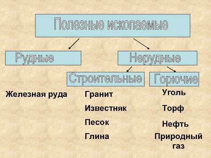 Железная руда Гранит Уголь Известняк Торф Песок Глина Нефть Природный газ 