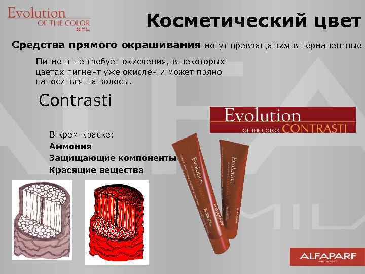 Косметический цвет Средства прямого окрашивания могут превращаться в перманентные Пигмент не требует окисления, в