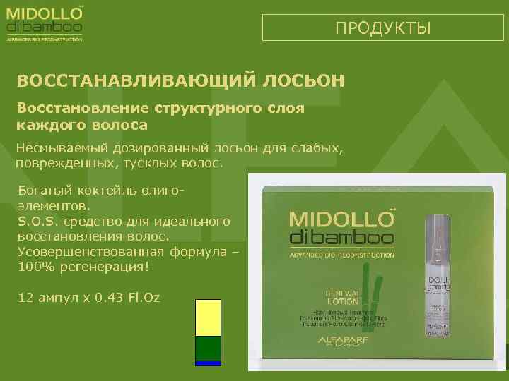 ПРОДУКТЫ ВОССТАНАВЛИВАЮЩИЙ ЛОСЬОН Восстановление структурного слоя каждого волоса Несмываемый дозированный лосьон для слабых, поврежденных,