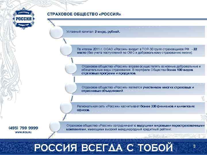 СТРАХОВОЕ ОБЩЕСТВО «РОССИЯ» Уставный капитал 2 млрд. рублей. По итогам 2011 г. ОСАО «Россия»