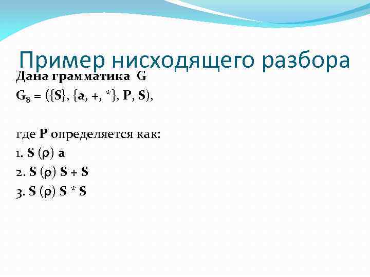 Пример нисходящего разбора Дана грамматика G G 8 = ({S}, {a, +, *}, P,