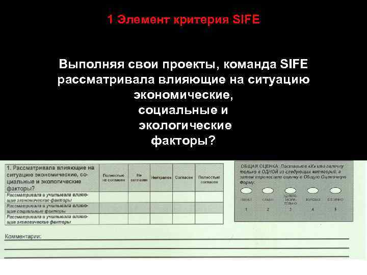 1 Элемент критерия SIFE Выполняя свои проекты, команда SIFE рассматривала влияющие на ситуацию экономические,