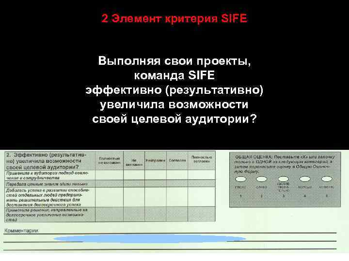 2 Элемент критерия SIFE Выполняя свои проекты, команда SIFE эффективно (результативно) увеличила возможности своей