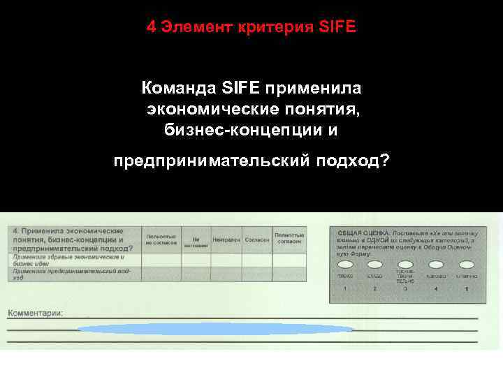 4 Элемент критерия SIFE Команда SIFE применила экономические понятия, бизнес-концепции и предпринимательский подход? 