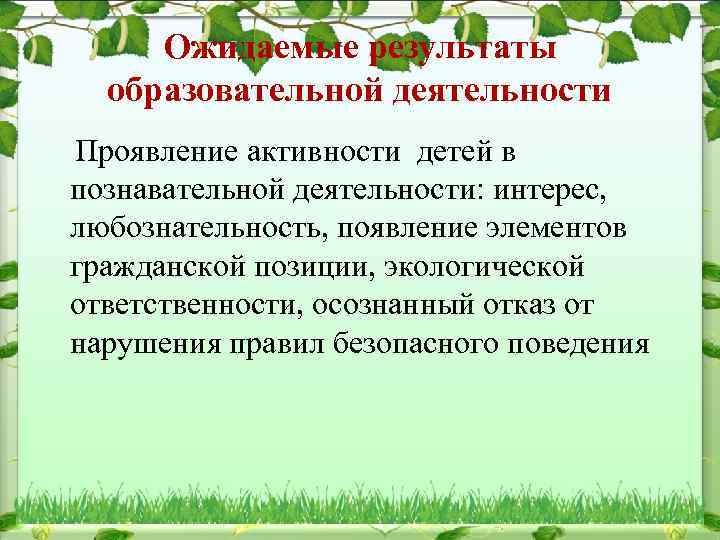 Ожидаемые результаты образовательной деятельности Проявление активности детей в познавательной деятельности: интерес, любознательность, появление элементов