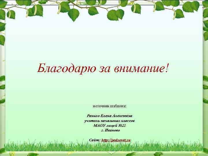 Благодарю за внимание! источник шаблона: Ранько Елена Алексеевна учитель начальных классов МАОУ лицей №