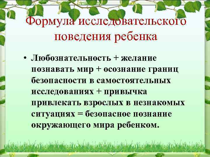 Формула исследовательского поведения ребенка • Любознательность + желание познавать мир + осознание границ безопасности