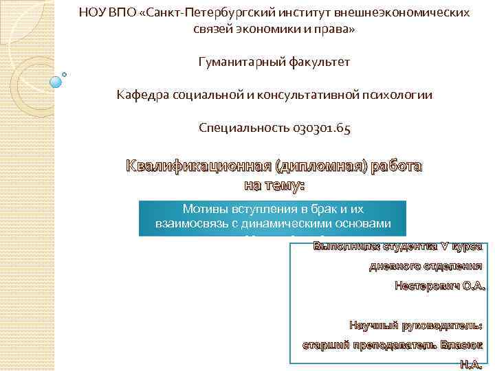НОУ ВПО «Санкт-Петербургский институт внешнеэкономических связей экономики и права» Гуманитарный факультет Кафедра социальной и